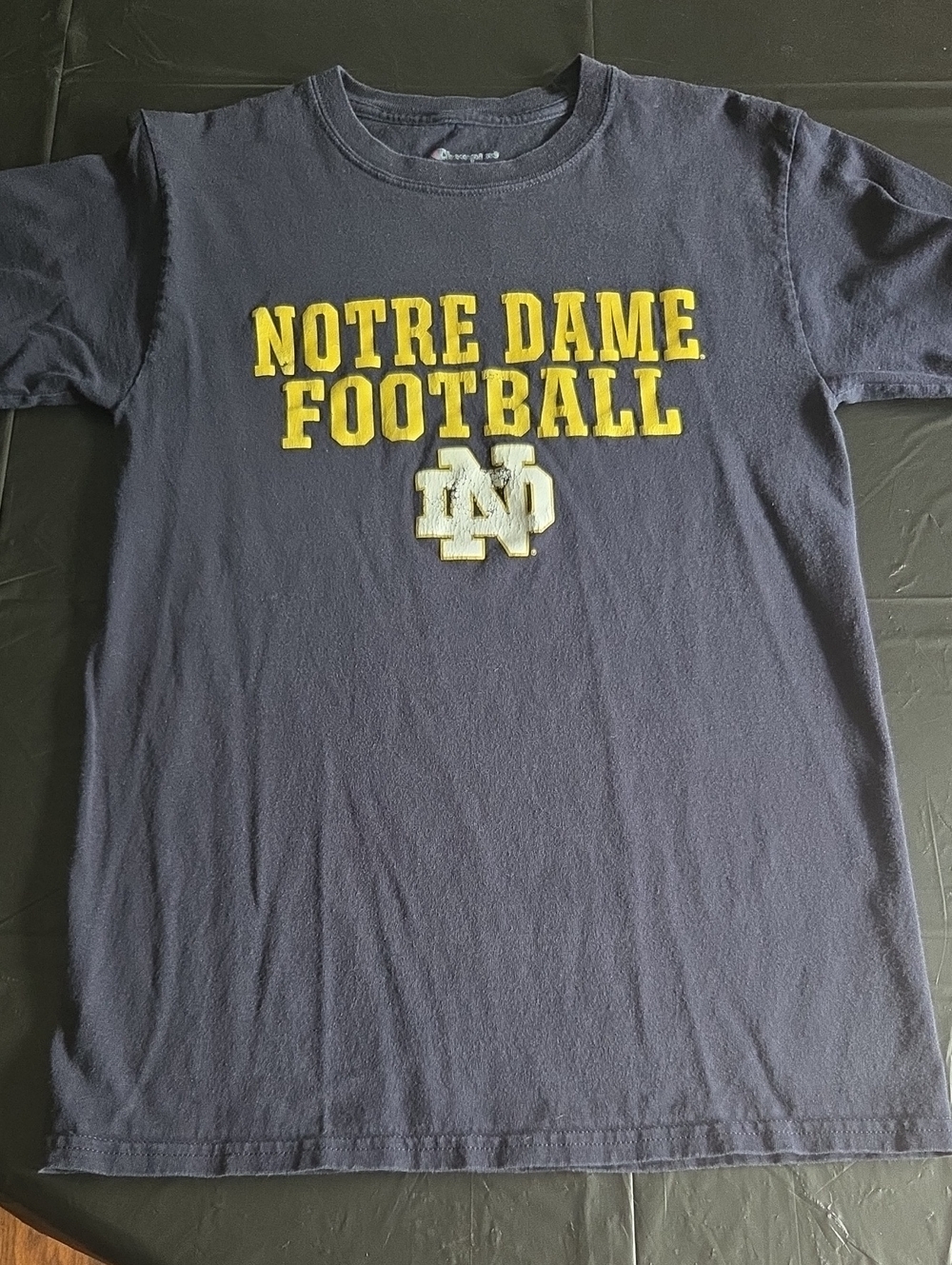 Champion Navy Short Sleeve Notre Dame Football Tee with Yellow Lettering